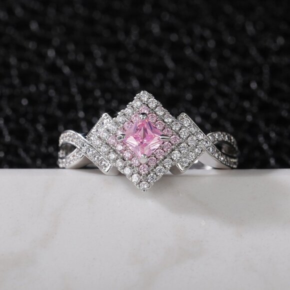 🌸Beautiful Silver Pure Pink Double Layer Weave Princess Cut CZ Ring, K832 - Picture 3 of 9